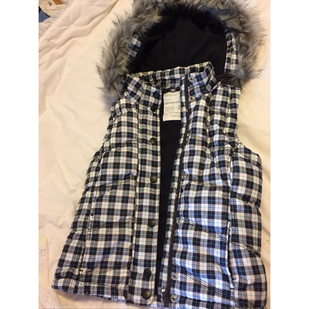 Aeropostale Plaid Down Vest Jacket Faux Fur Trim Hood Size Small Petit 2009